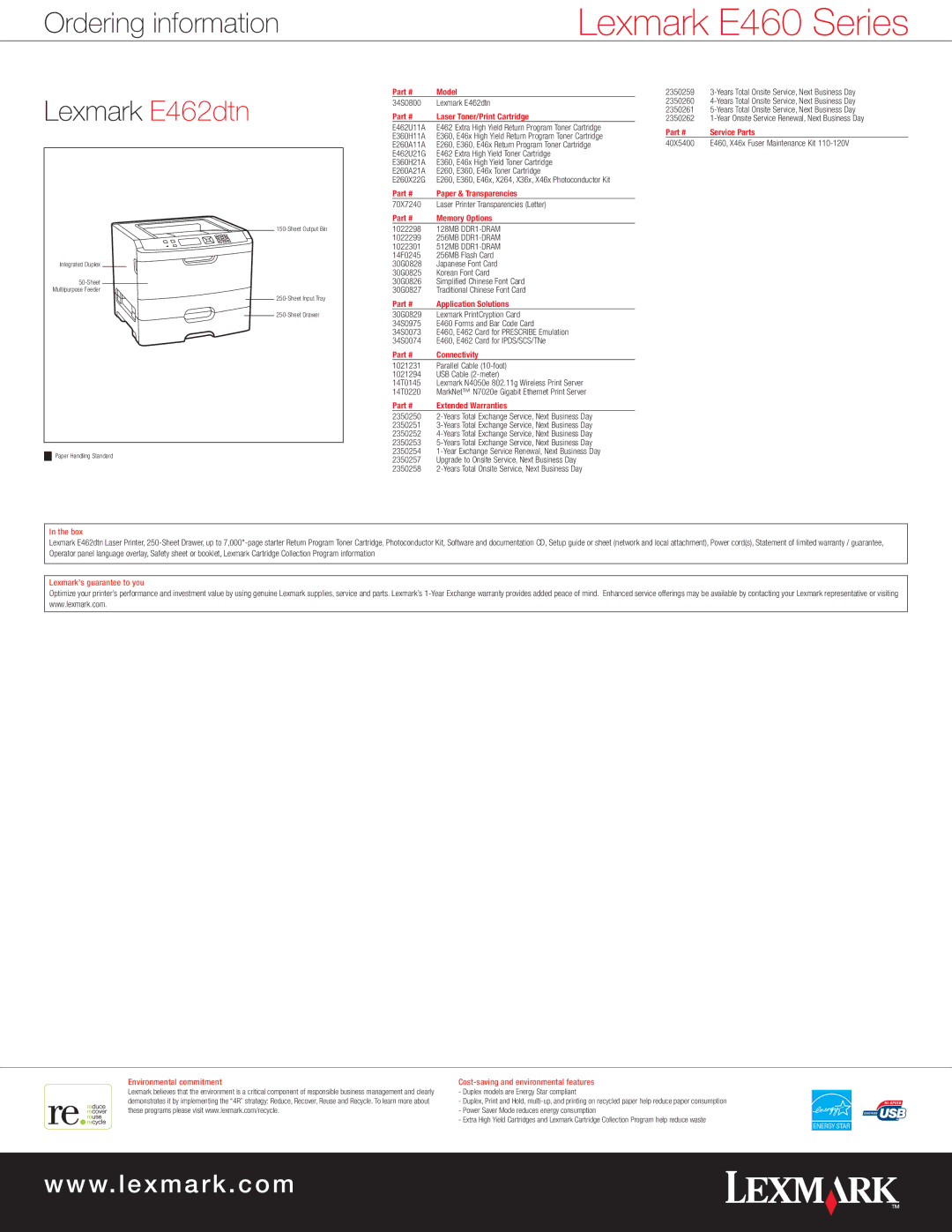 Lexmark E 462dtn manual Lexmark E462dtn, Duplex models are Energy Star compliant 