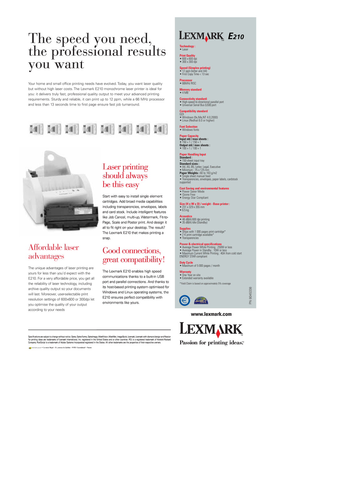 Lexmark E210 The speed you need, the professional results you want, Laser printing should always be this easy, Standard 