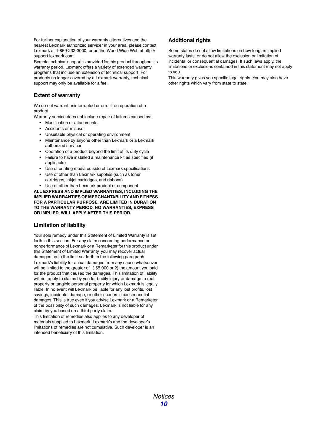 Lexmark E234N manual Notices, Extent of warranty, Limitation of liability, Additional rights 