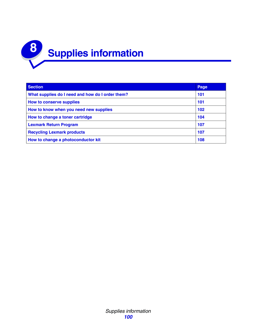 Lexmark E234N manual Supplies information, Section, Page 