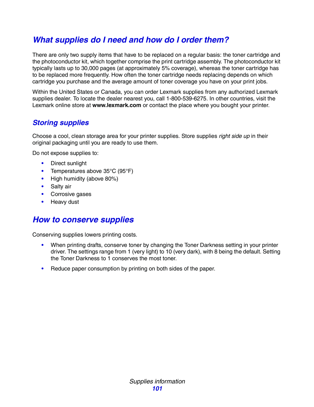 Lexmark E234N manual What supplies do I need and how do I order them?, How to conserve supplies, Storing supplies 