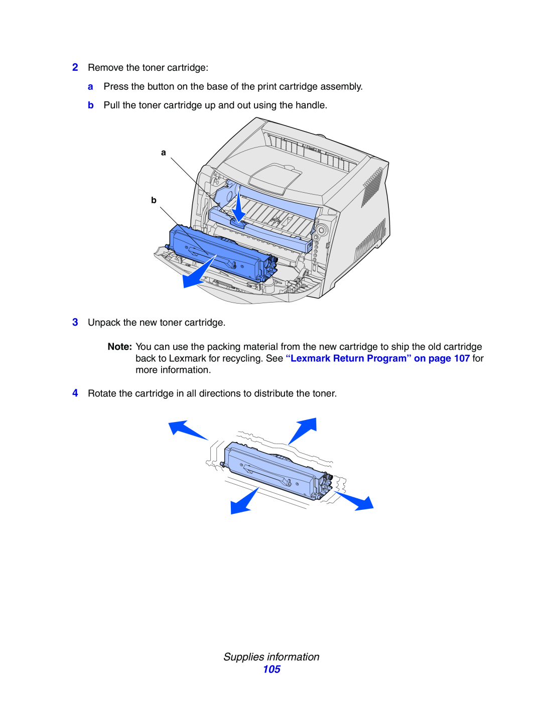 Lexmark E234N manual Supplies information, 2Remove the toner cartridge 