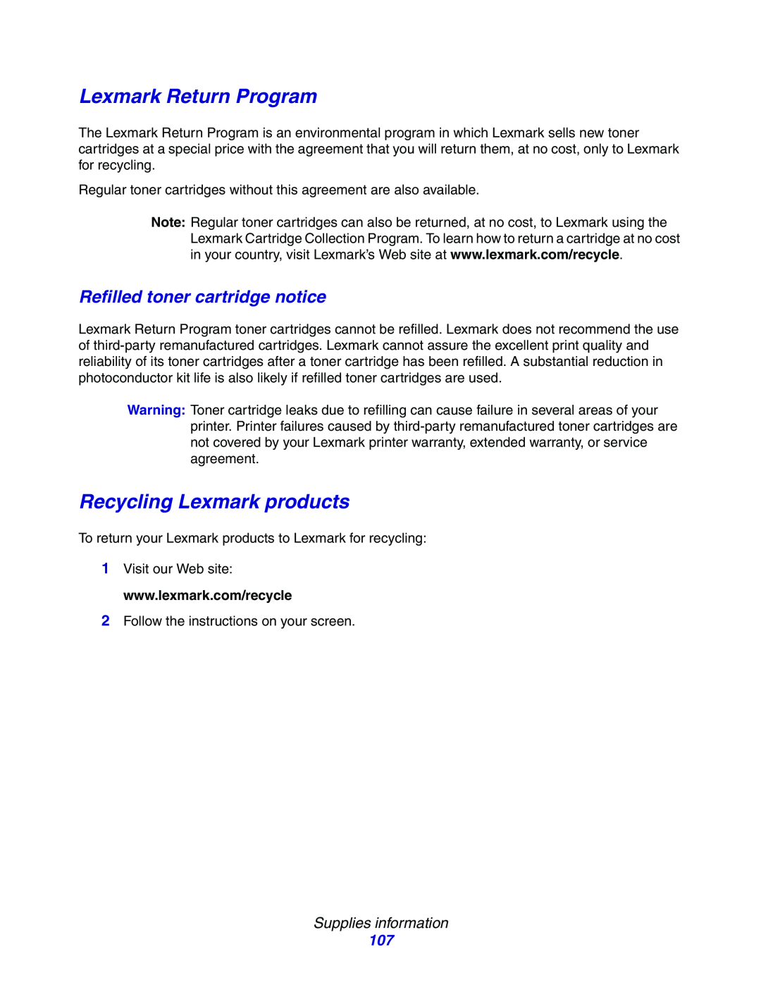Lexmark E234 Lexmark Return Program, Recycling Lexmark products, Refilled toner cartridge notice, Supplies information 