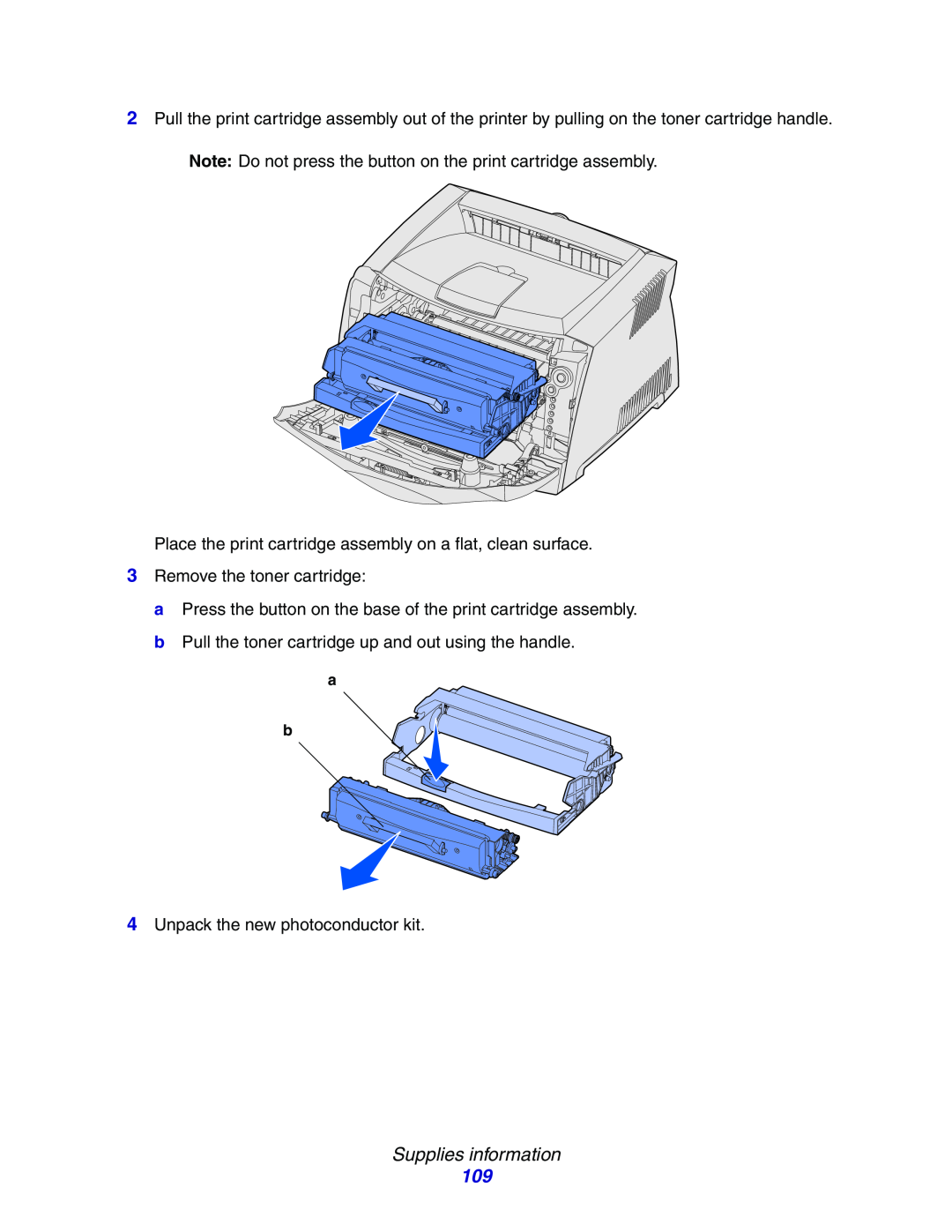 Lexmark E234N manual Supplies information, 3Remove the toner cartridge 