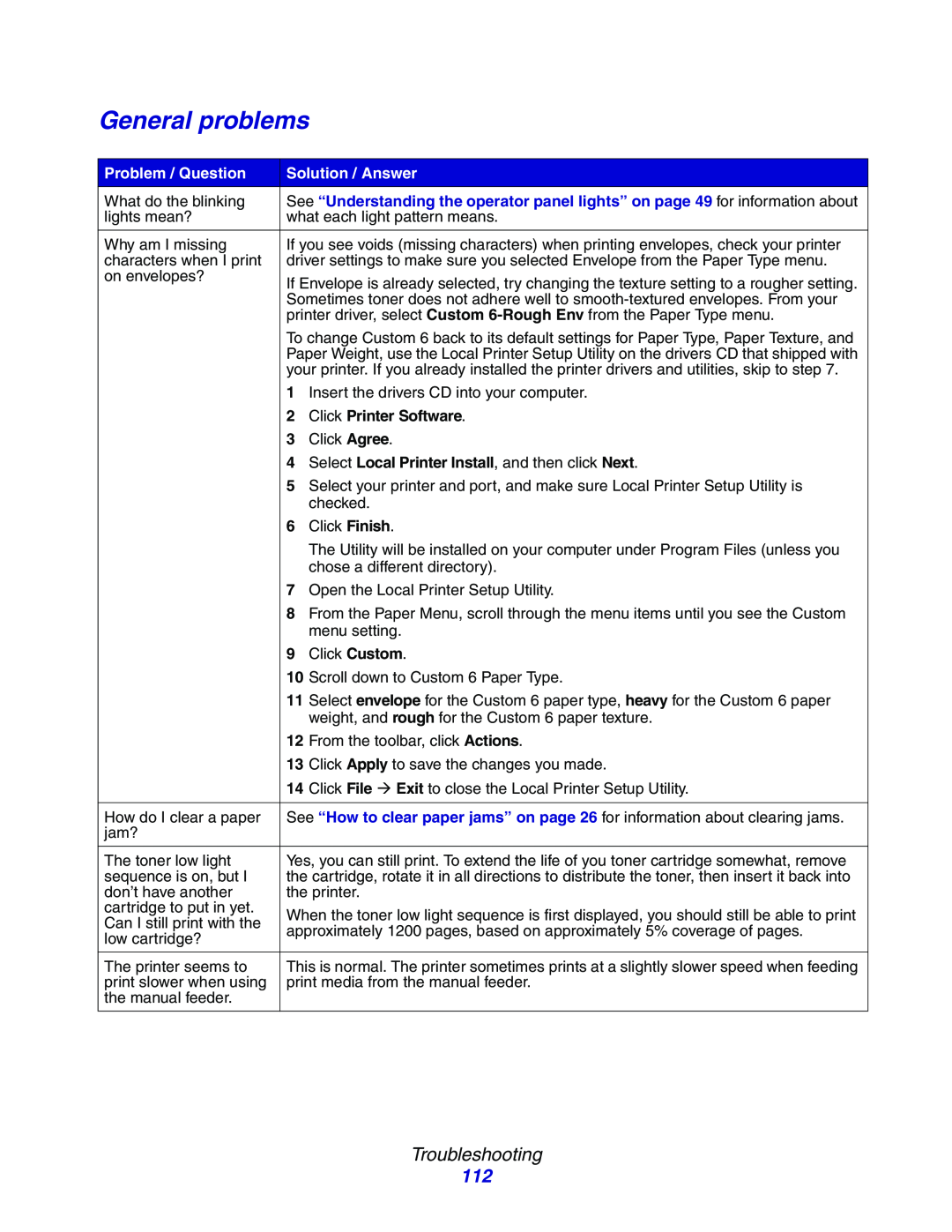 Lexmark E234N manual General problems, Troubleshooting, Problem / Question, Solution / Answer, Click Printer Software 