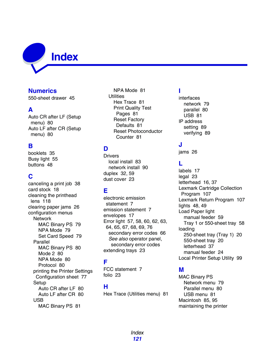 Lexmark E234N manual Index, Numerics 