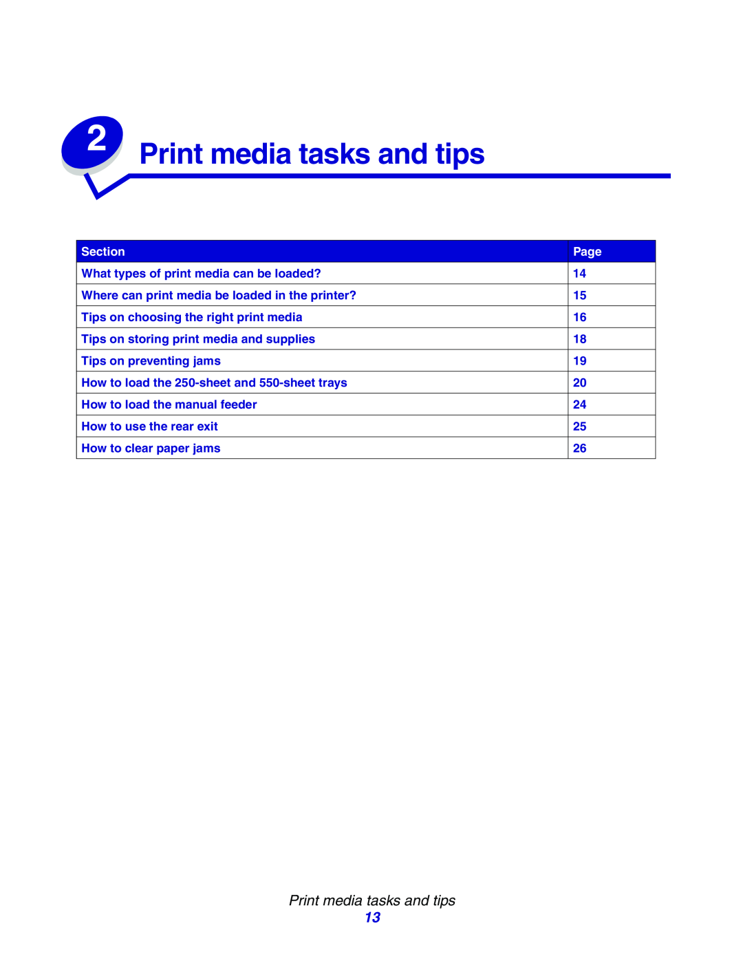 Lexmark E234N manual Print media tasks and tips, Section, Page 