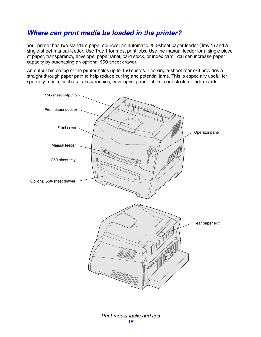 Lexmark E234N manual Where can print media be loaded in the printer?, Print media tasks and tips, Rear paper exit 