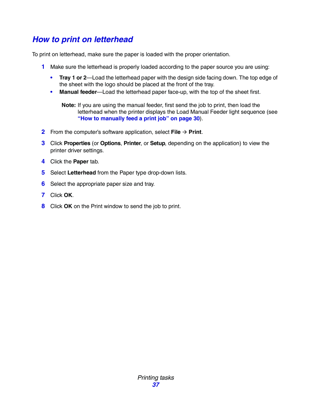 Lexmark E234N manual How to print on letterhead, Printing tasks 