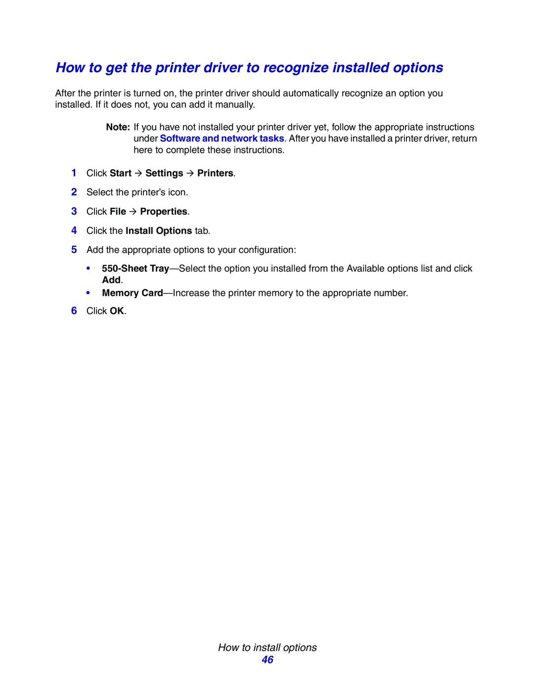 Lexmark E234N manual 3Click File Æ Properties, 4Click the Install Options tab, How to install options 