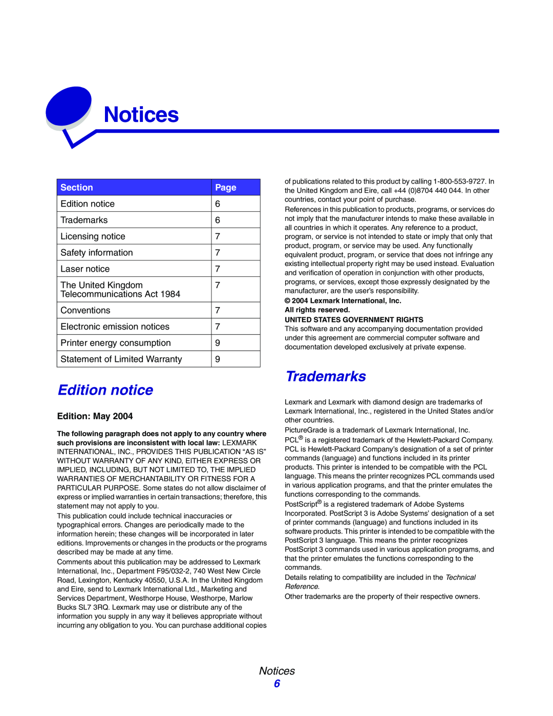 Lexmark E234N manual Notices, Edition notice, Trademarks, Section, Page, Edition: May 