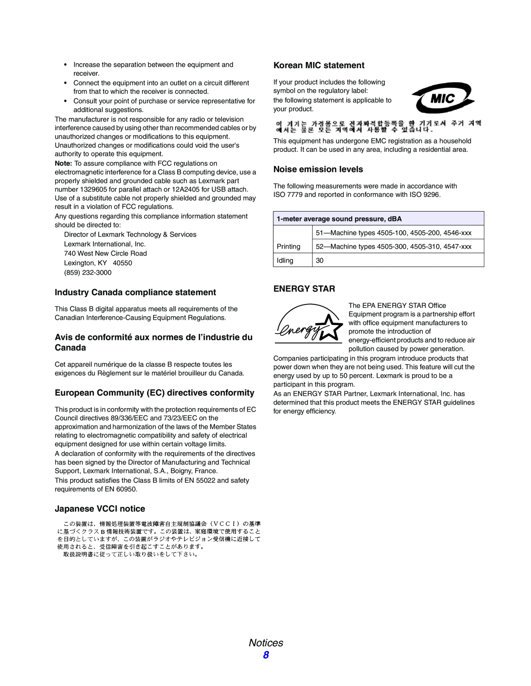 Lexmark E234N Notices, Industry Canada compliance statement, European Community EC directives conformity, Energy Star 