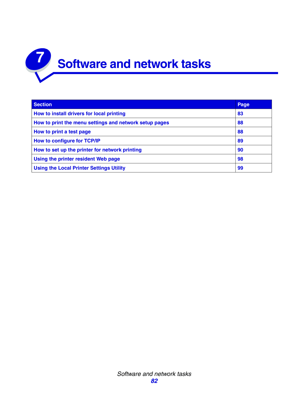 Lexmark E234N manual Software and network tasks, Section, Page 