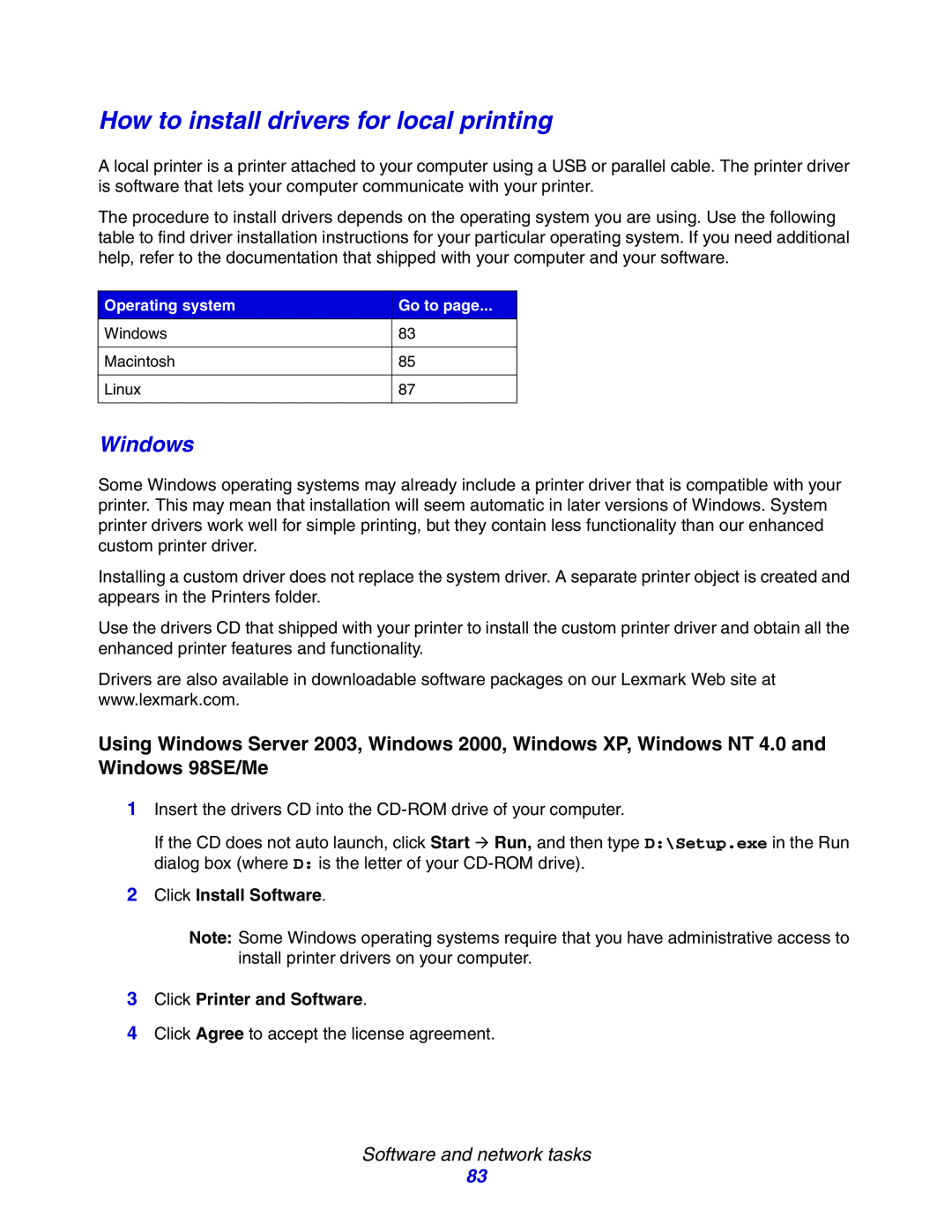 Lexmark E234 How to install drivers for local printing, Windows, 2Click Install Software, 3Click Printer and Software 