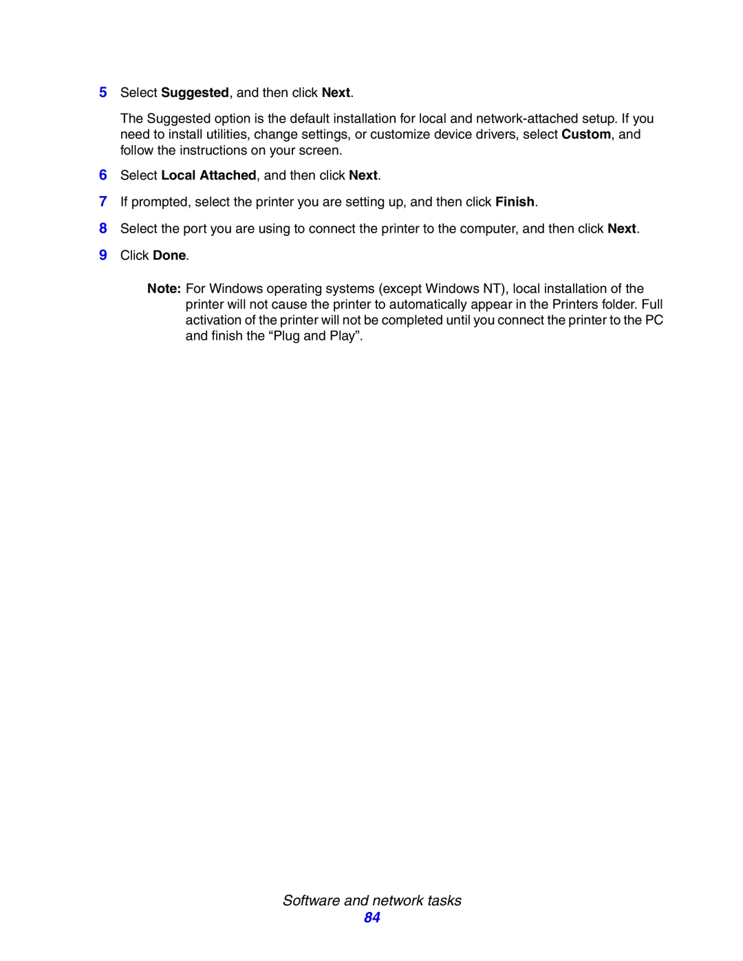 Lexmark E234N manual Software and network tasks, 5Select Suggested, and then click Next 