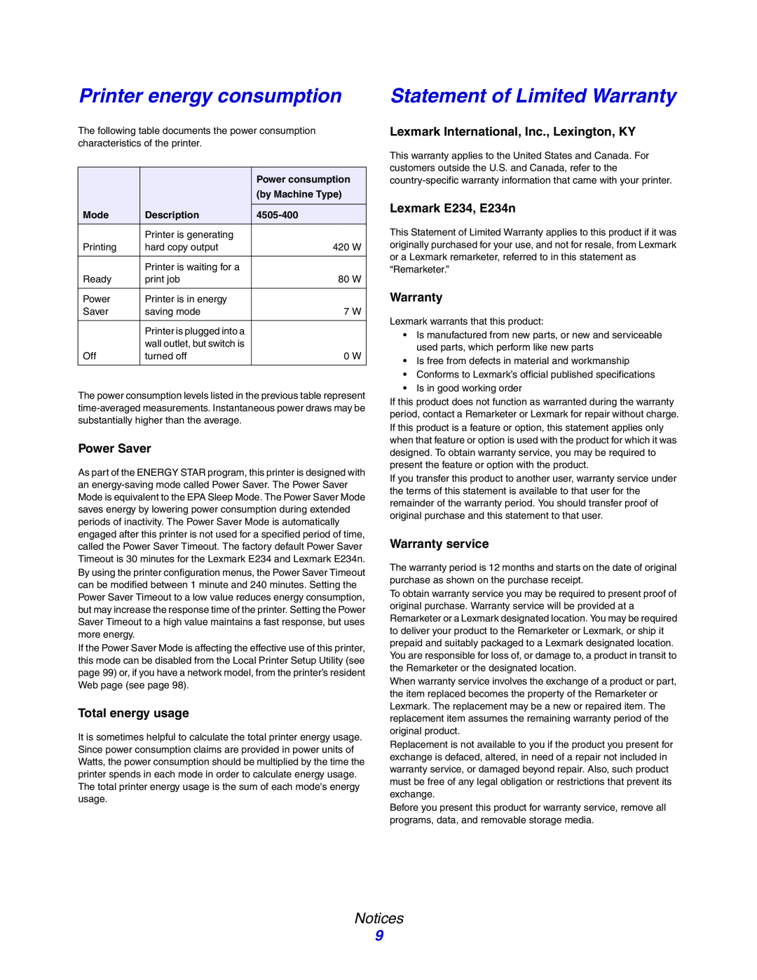 Lexmark E234N manual Printer energy consumption, Statement of Limited Warranty, Notices, Power Saver, Total energy usage 