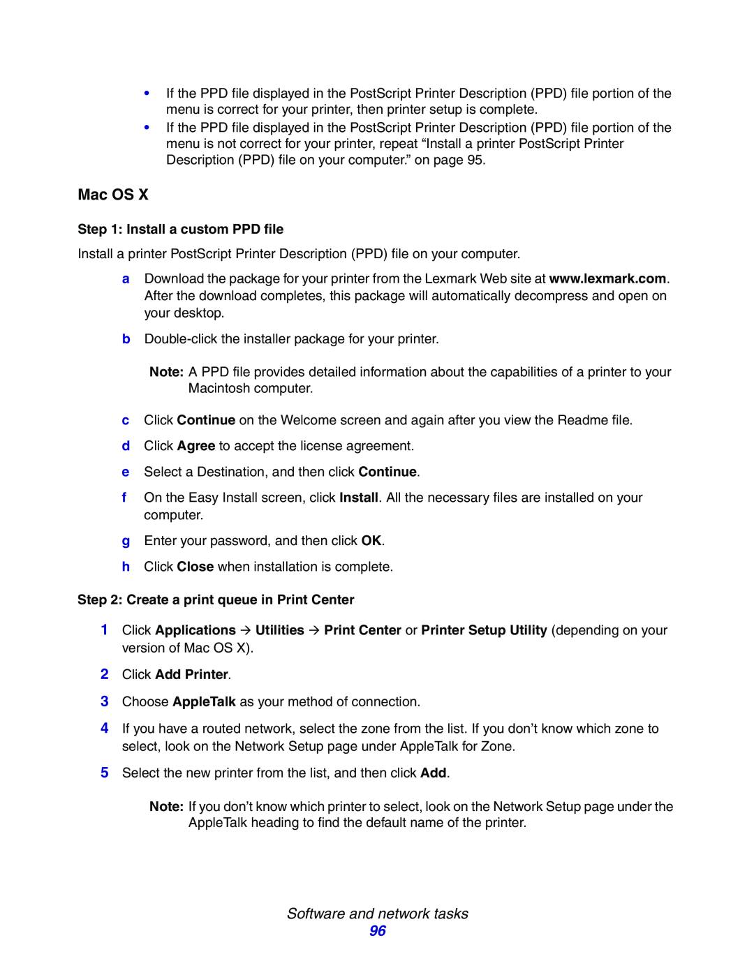 Lexmark E234N manual Mac OS, Install a custom PPD file, Create a print queue in Print Center, 2Click Add Printer 