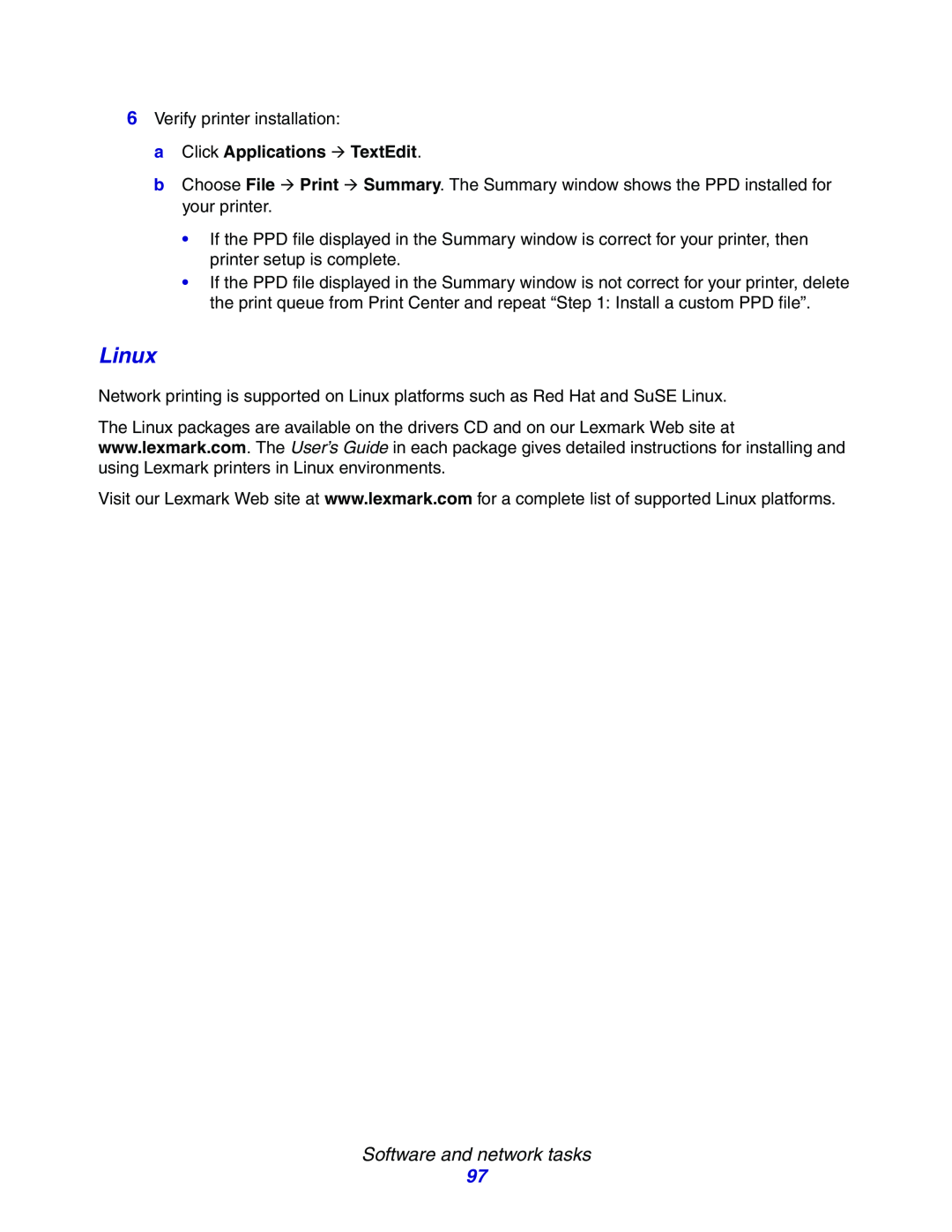 Lexmark E234N manual a Click Applications Æ TextEdit, Linux, Software and network tasks 