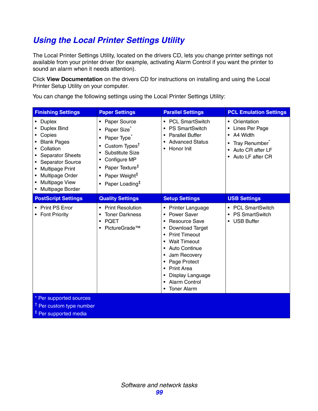 Lexmark E234 Using the Local Printer Settings Utility, Software and network tasks, Finishing Settings, Paper Settings 