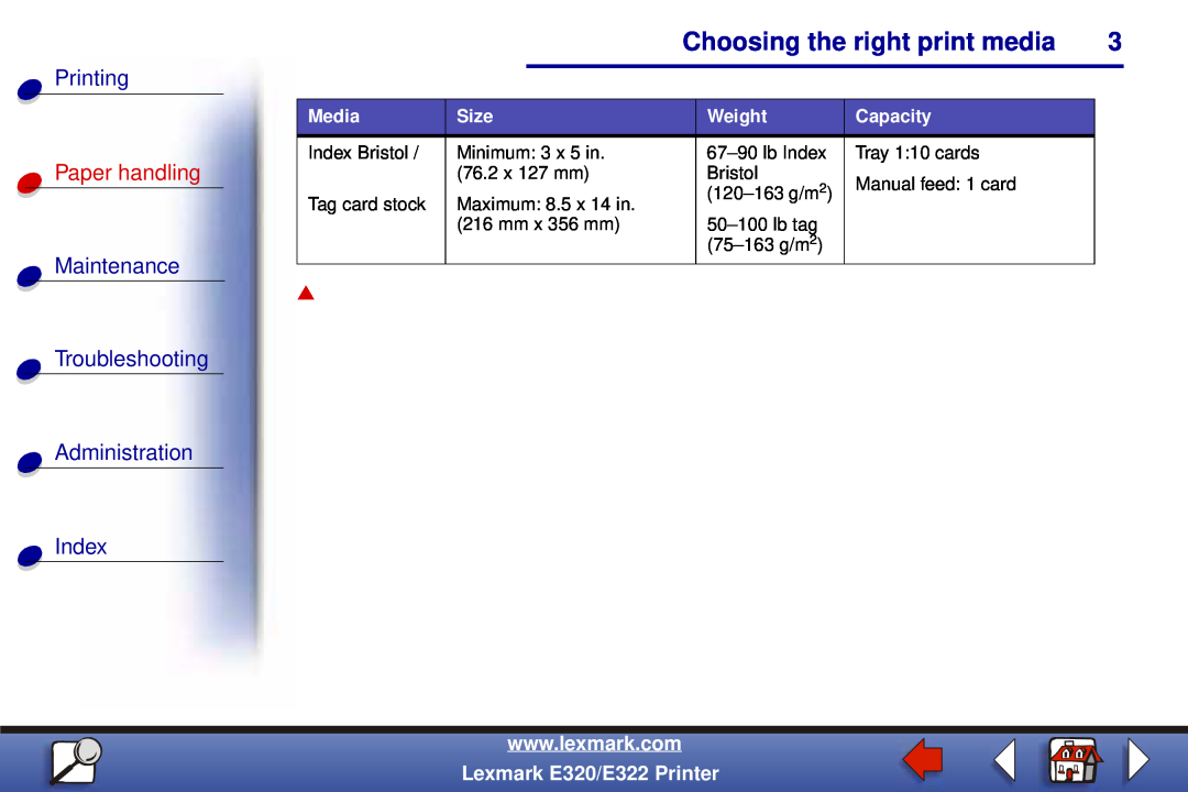 Lexmark E322 Choosing the right print media, Printing, Paper handling, Maintenance Troubleshooting Administration Index 