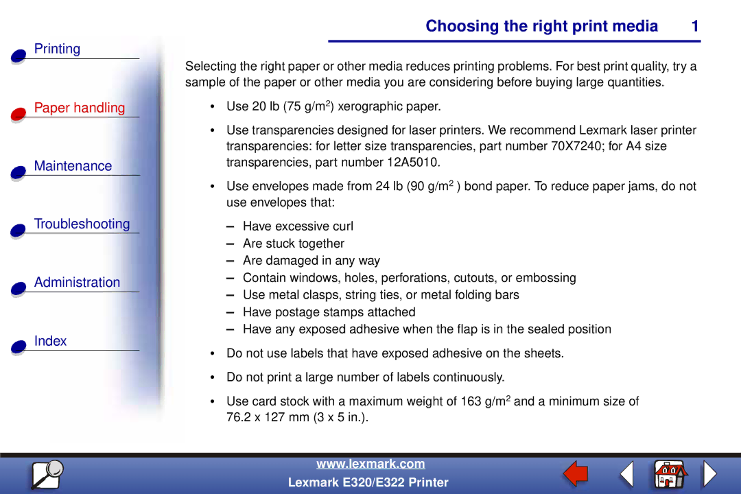 Lexmark E322, E320 manual Choosing the right print media, Paper handling, Administration, Index 