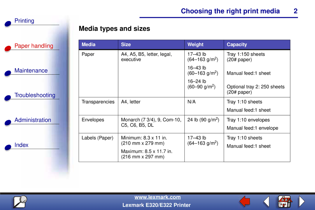 Lexmark E320, E322 Media types and sizes, Maintenance Troubleshooting Administration Index, Media Size Weight Capacity 