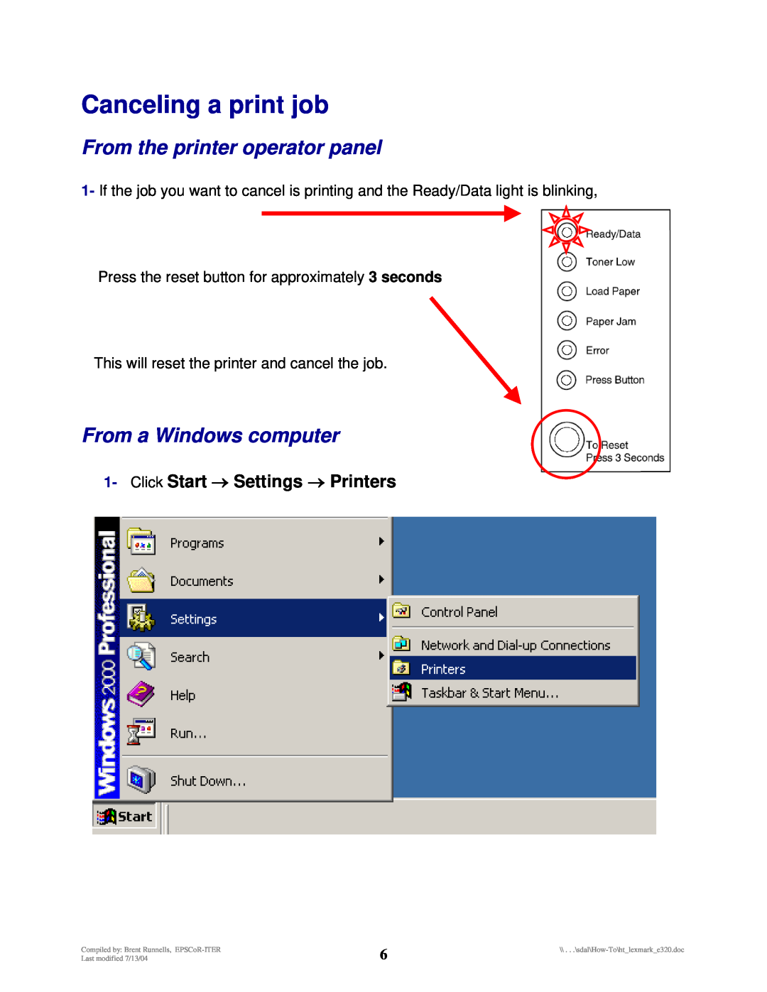 Lexmark E320 manual Canceling a print job, Click Start → Settings → Printers, From the printer operator panel 