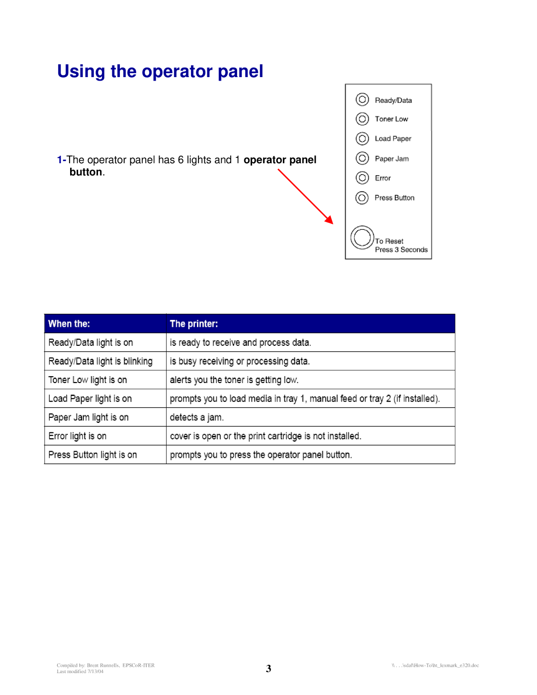 Lexmark E320 manual Using the operator panel, Operator panel has 6 lights and 1 operator panel button 