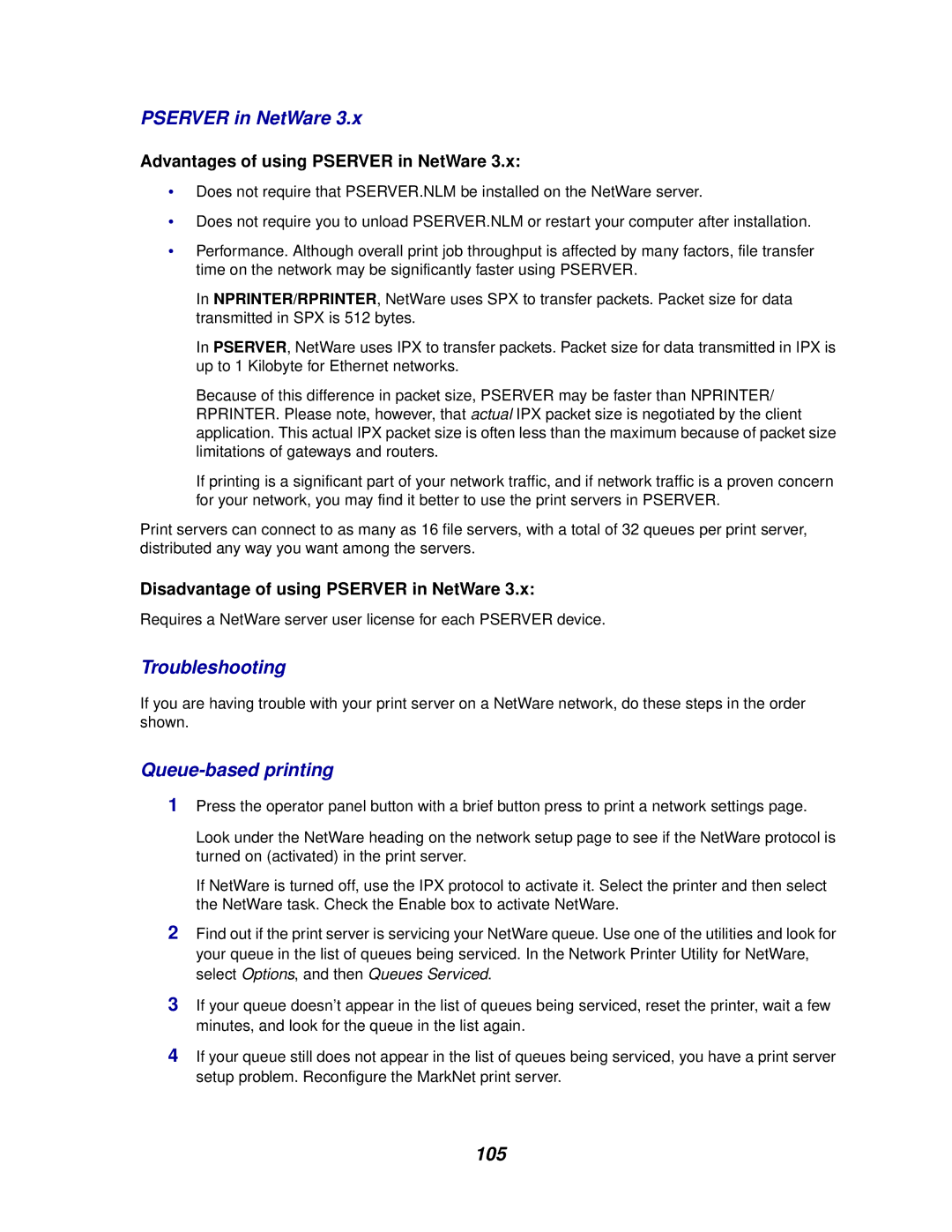 Lexmark E320/E322 manual Queue-based printing, Advantages of using Pserver in NetWare 