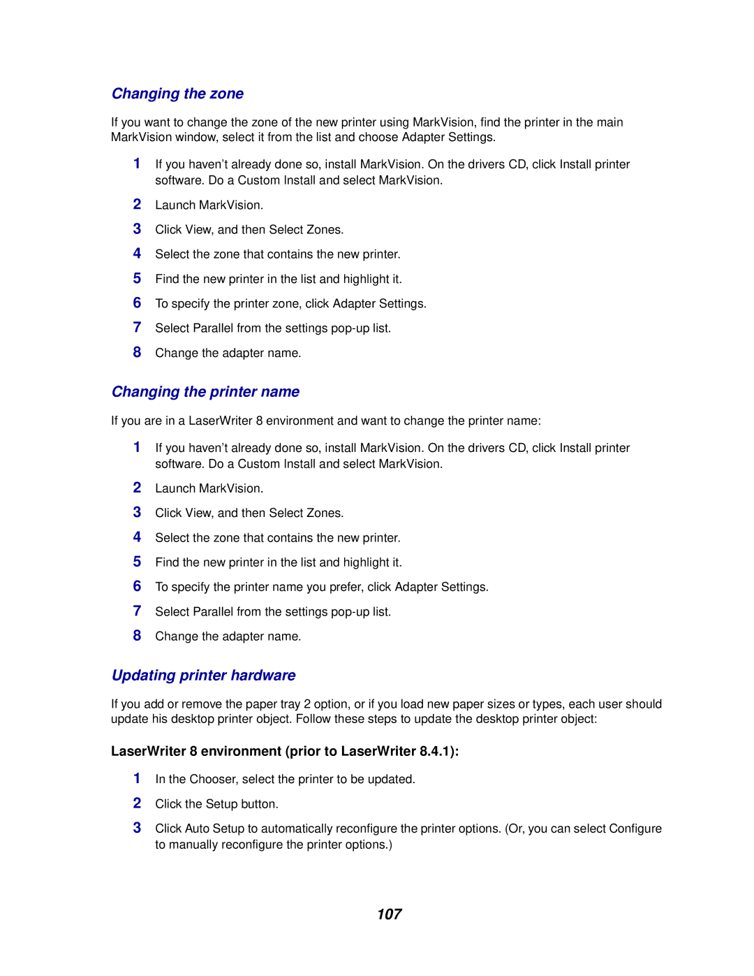 Lexmark E320/E322 manual Changing the zone, Changing the printer name, Updating printer hardware 