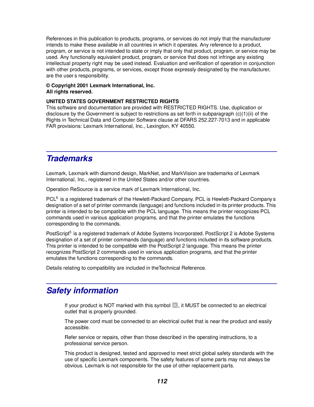 Lexmark E320/E322 manual Trademarks, Safety information 