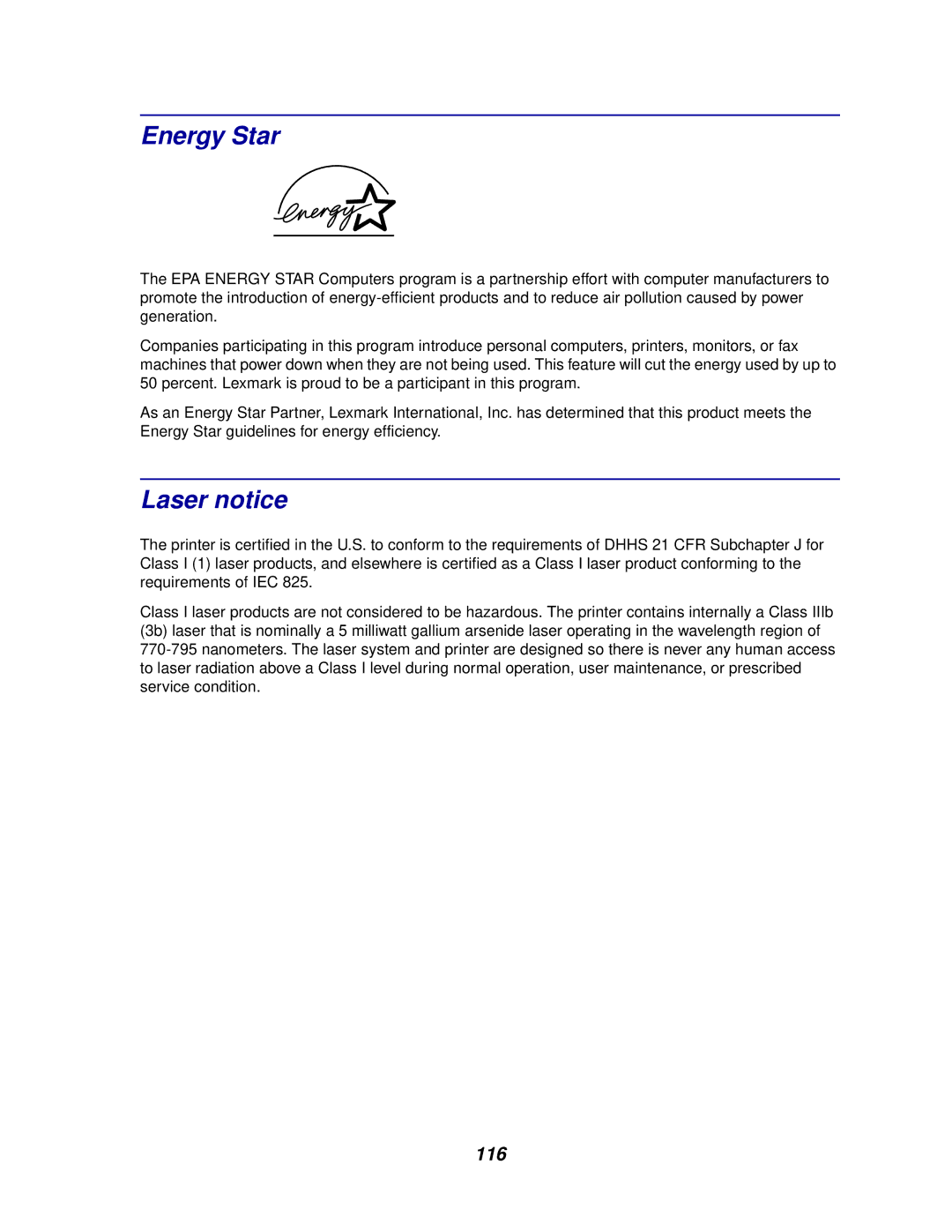 Lexmark E320/E322 manual Energy Star, Laser notice 