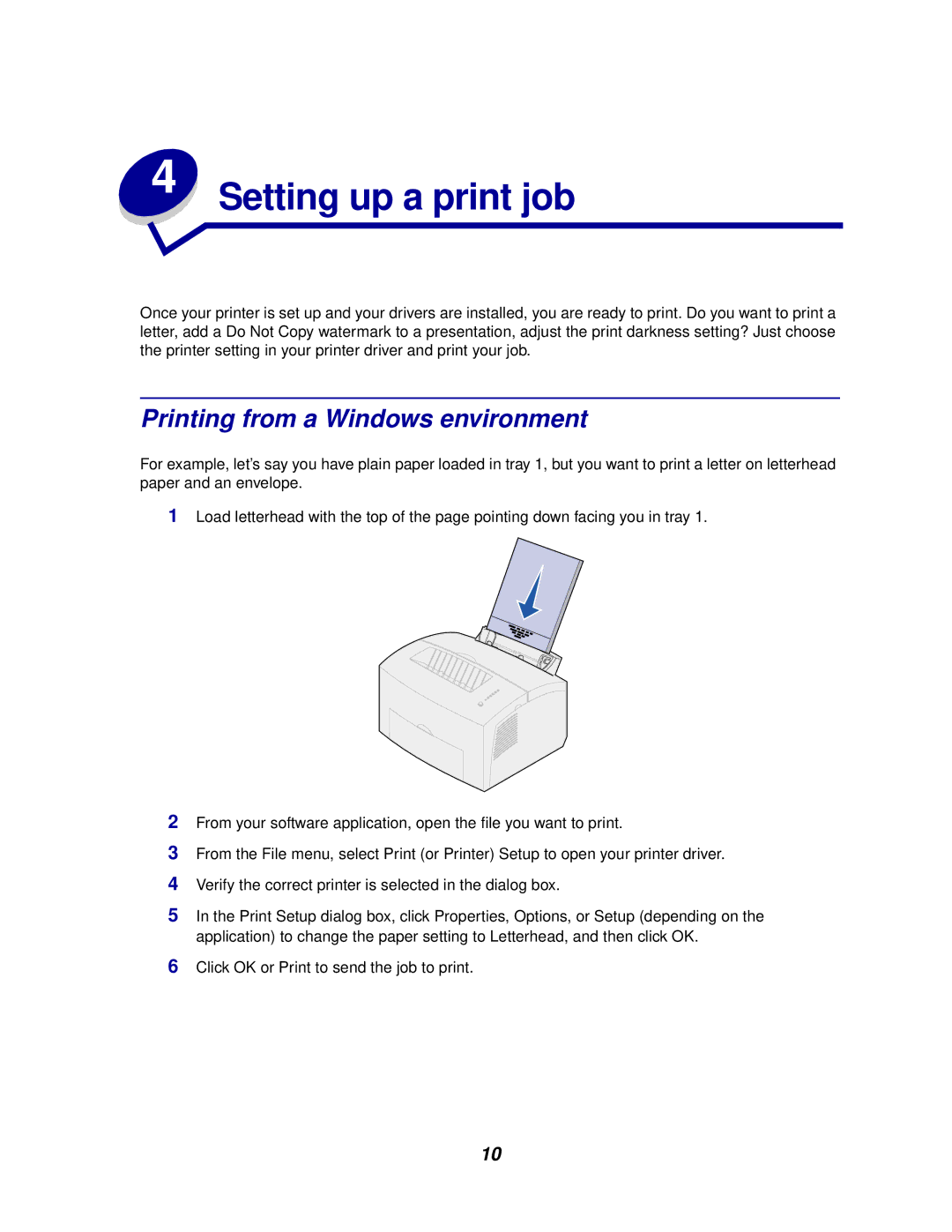 Lexmark E320/E322 manual Setting up a print job, Printing from a Windows environment 