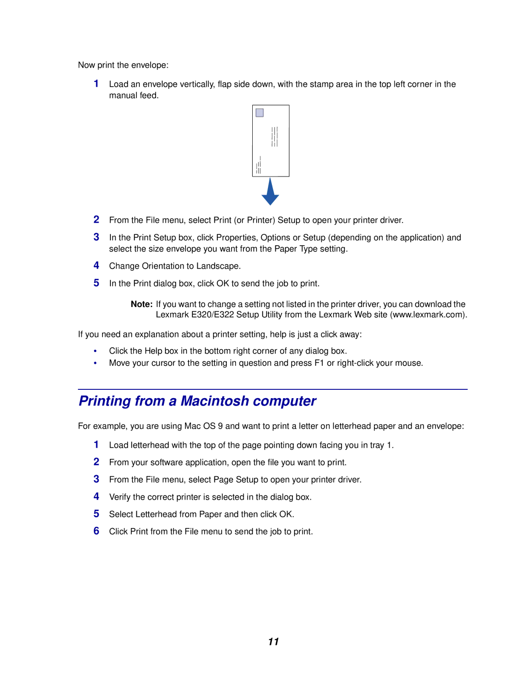 Lexmark E320/E322 manual Printing from a Macintosh computer 