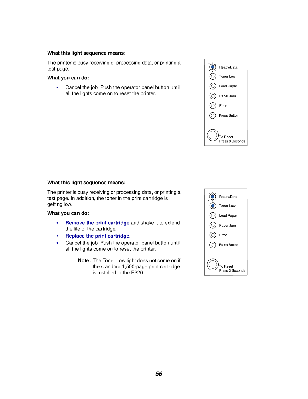 Lexmark E320/E322 manual What this light sequence means 