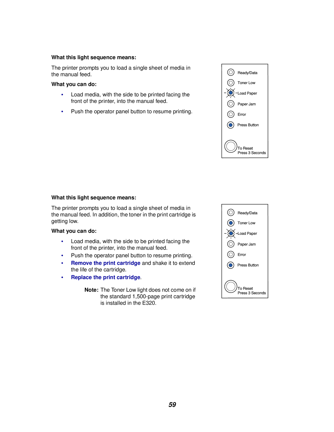 Lexmark E320/E322 manual What this light sequence means 