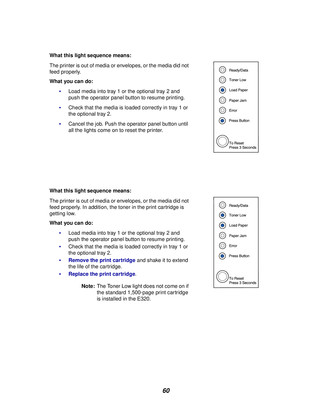 Lexmark E320/E322 manual What this light sequence means 