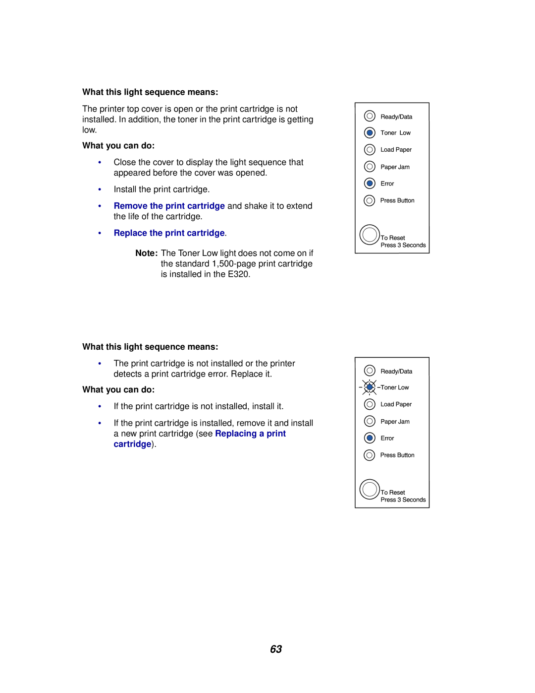 Lexmark E320/E322 manual What this light sequence means 