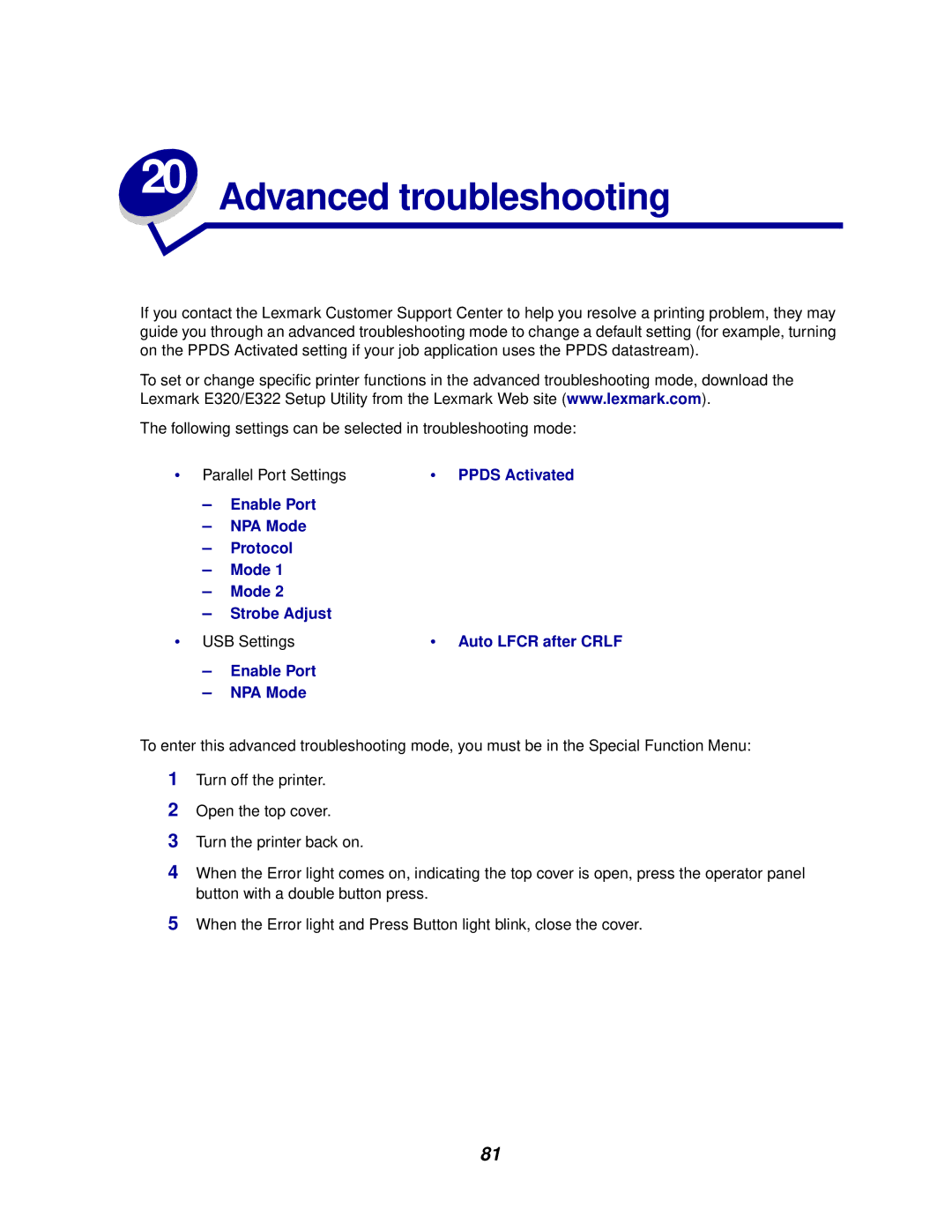 Lexmark E320/E322 manual Advanced troubleshooting 