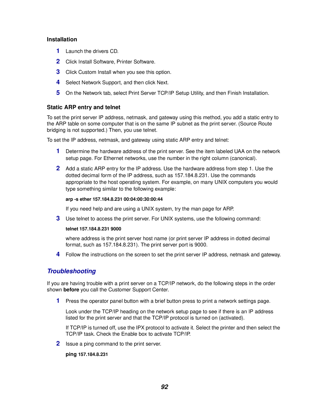 Lexmark E320/E322 manual Troubleshooting, Installation, Static ARP entry and telnet 