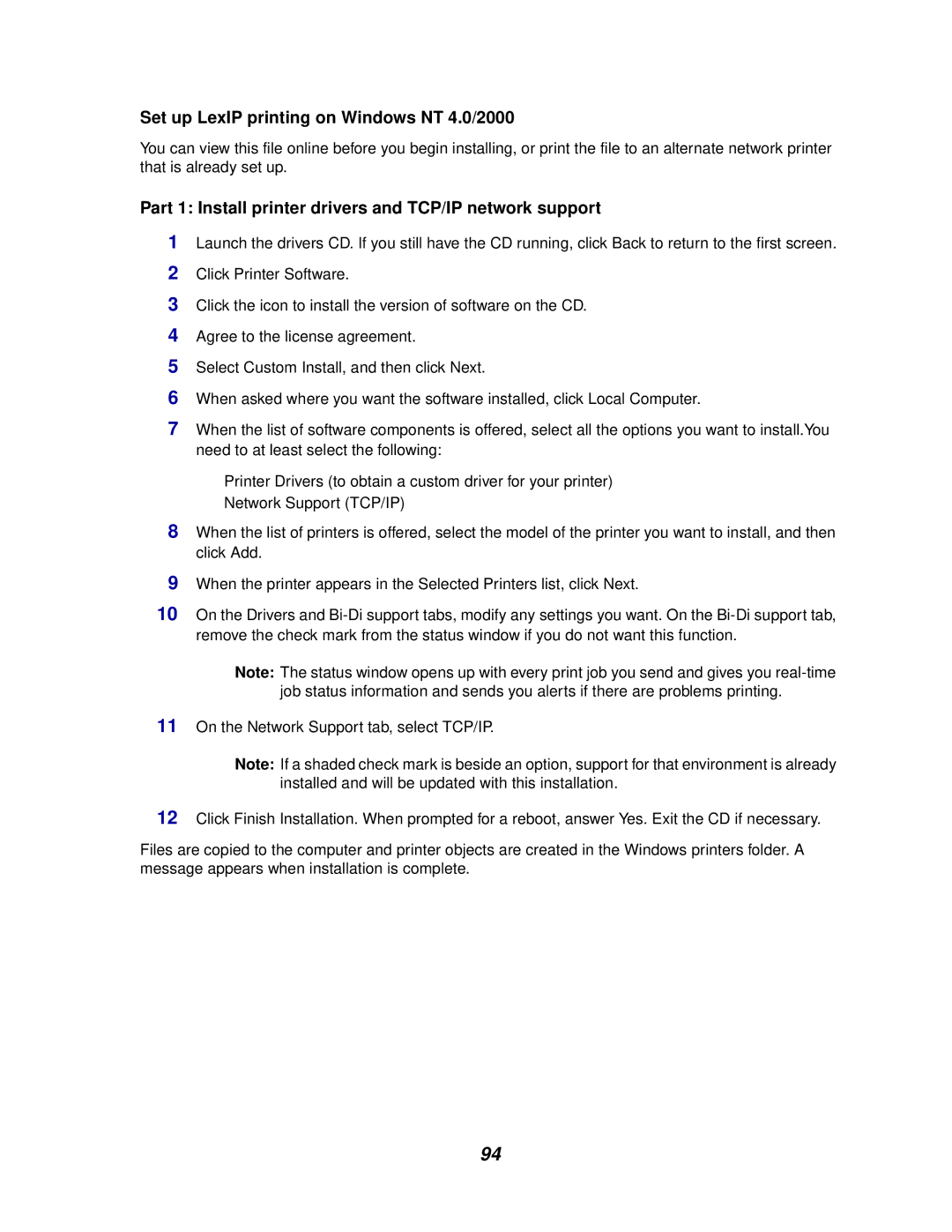 Lexmark E320/E322 Set up LexIP printing on Windows NT 4.0/2000, Part 1 Install printer drivers and TCP/IP network support 