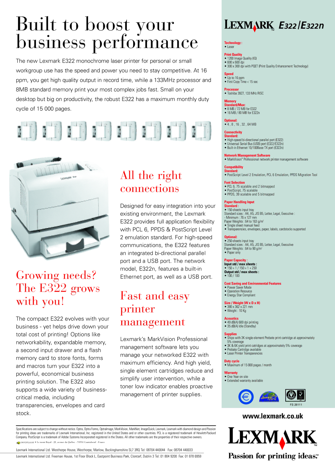 Lexmark manual Growing needs? The E322 grows with you, All the right connections, Fast and easy printer management 