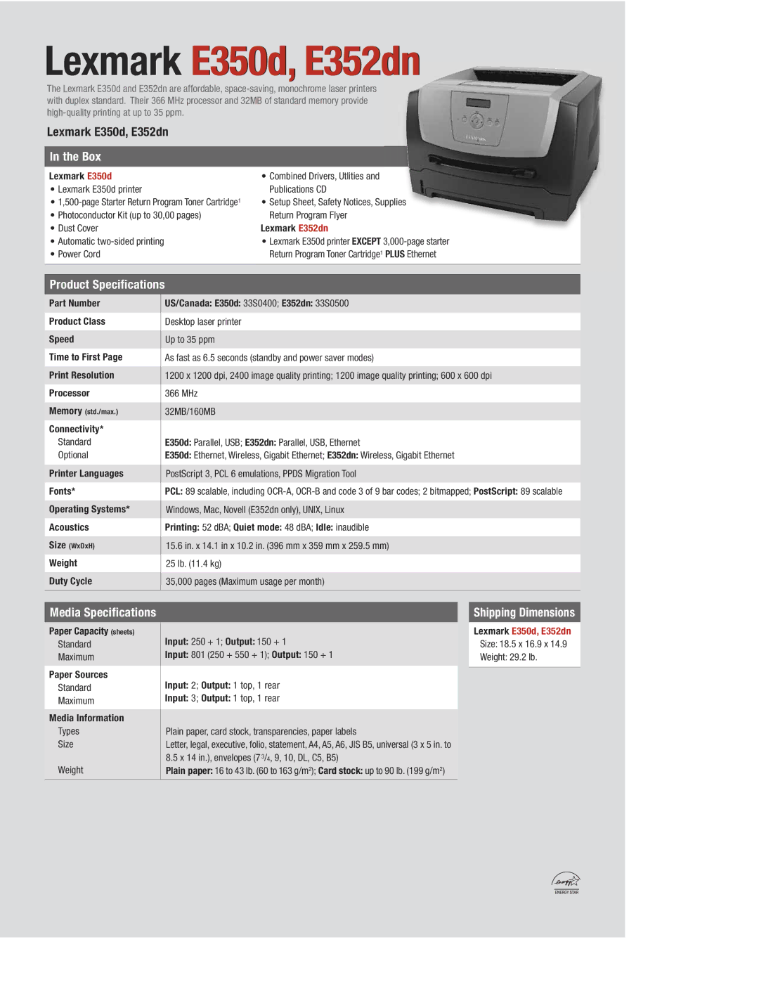 Lexmark E350D, E352DN manual Box, Product Specifications, Media Specifications 