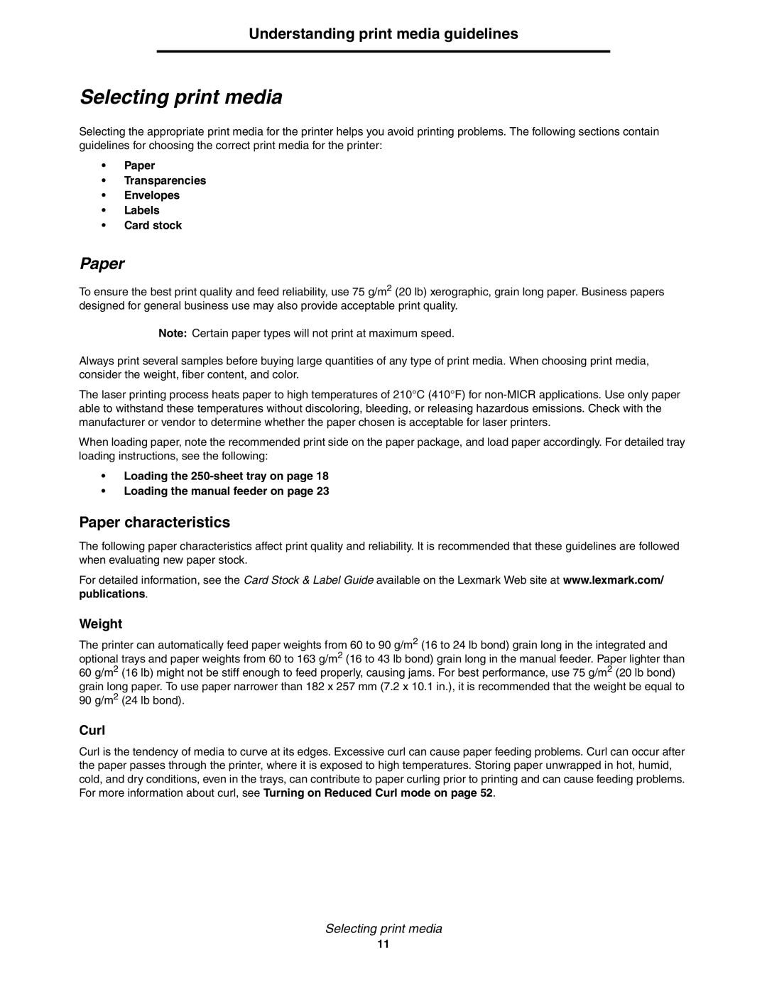 Lexmark E352DN manual Selecting print media, Understanding print media guidelines, Paper characteristics 