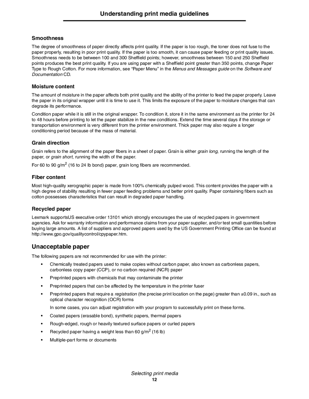 Lexmark E352DN manual Unacceptable paper, Smoothness 