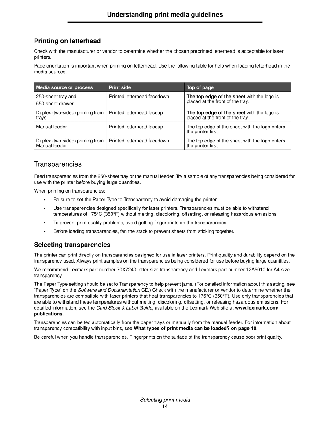 Lexmark E352DN manual Transparencies, Understanding print media guidelines Printing on letterhead, Selecting transparencies 