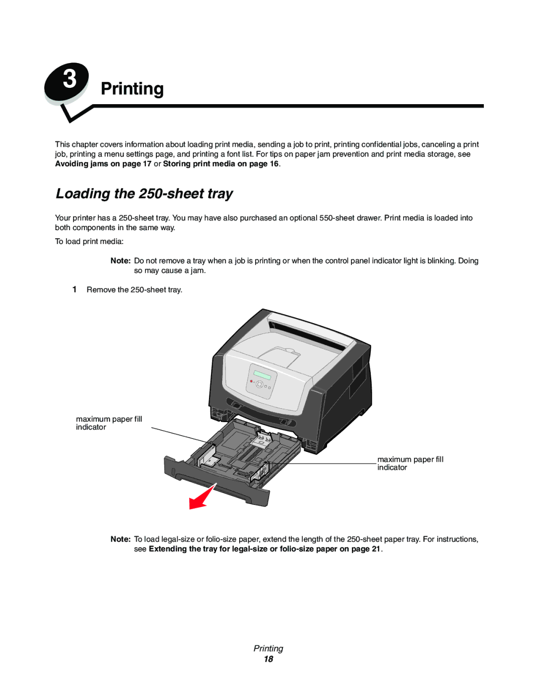Lexmark E352DN manual Printing, Loading the 250-sheet tray 