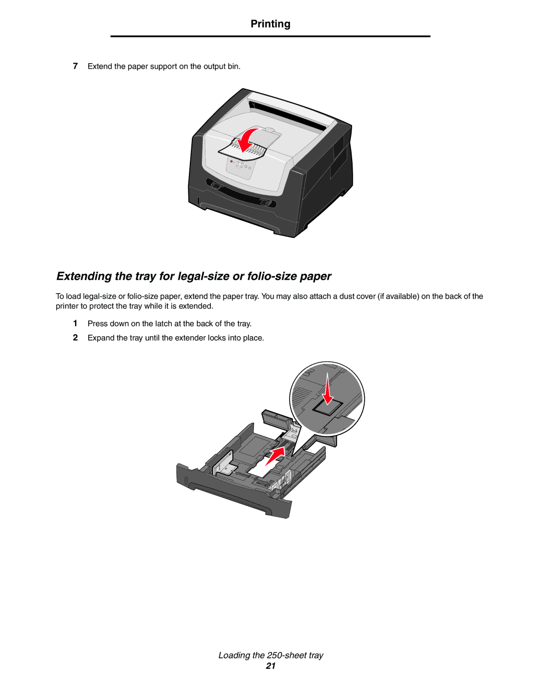 Lexmark E352DN manual Extending the tray for legal-size or folio-size paper 