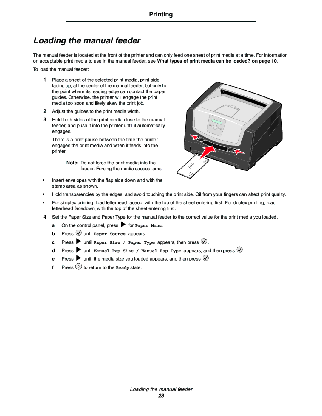 Lexmark E352DN Loading the manual feeder 