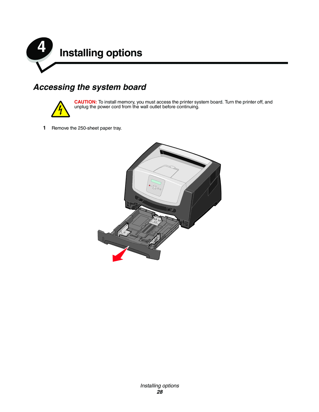 Lexmark E352DN manual Installing options, Accessing the system board 